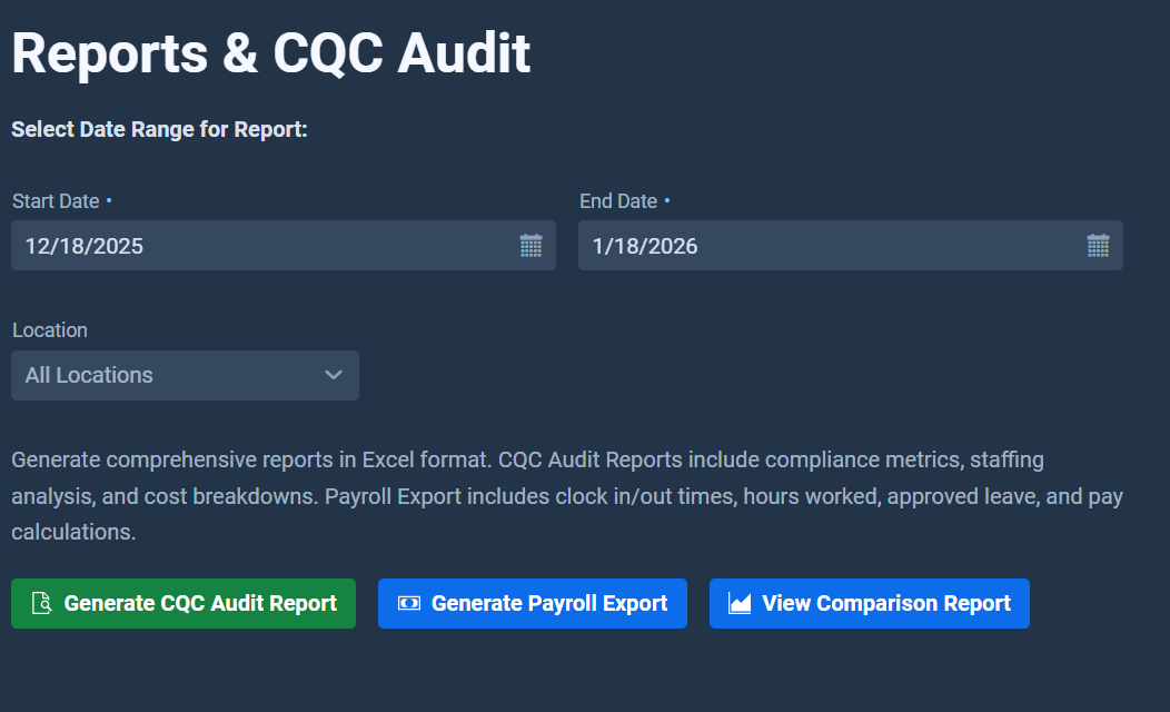 Reports & CQC Audit - Generate CQC compliance reports, payroll exports, and comparison reports